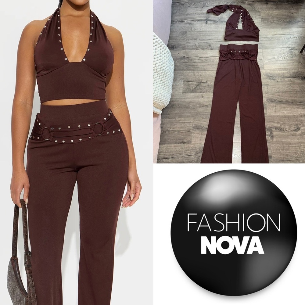 Fashion Nova Brown Studded Behavior Ribbed Pant Set size Small Women